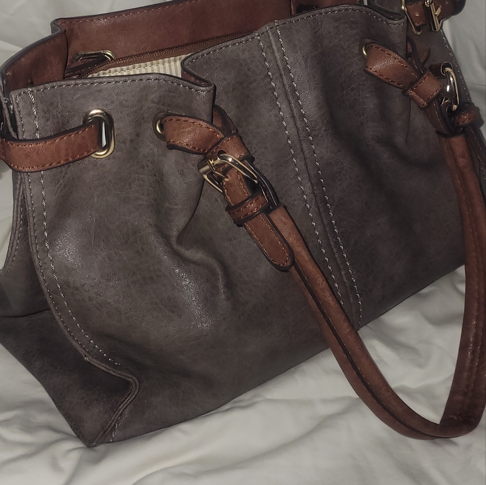 two toned brown satchel bag